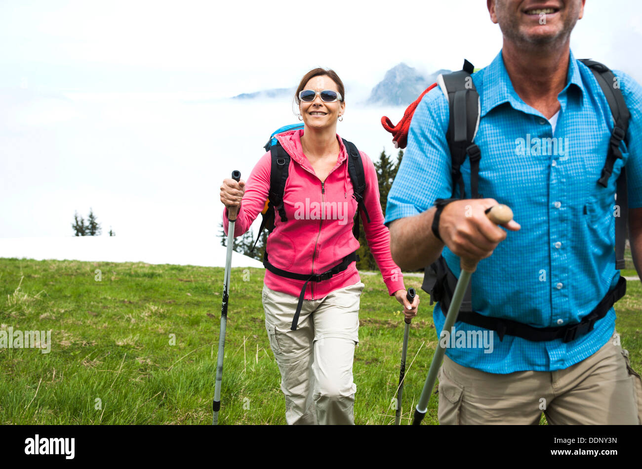 Couple hiking, Neunerkoepfle, Allgaeu Alps, Tannheim Valley, Tyrol, Austria, Europe Stock Photo