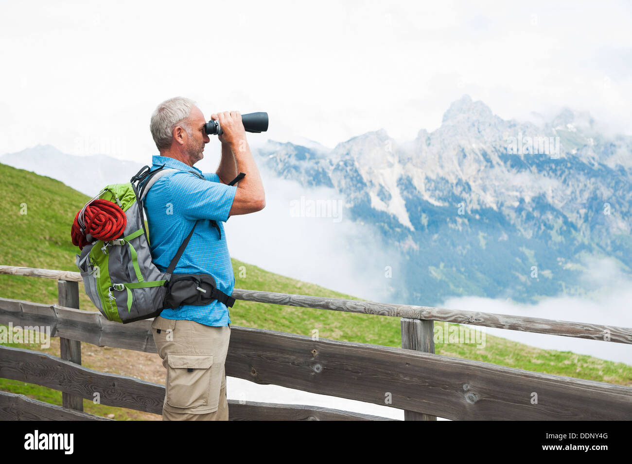 Hiker with binocular, Neunerkoepfle, Allgaeu Alps, Tannheim Valley, Tyrol, Austria, Europe Stock Photo