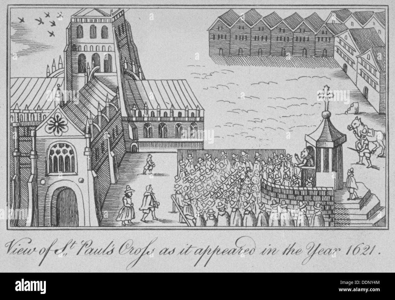 St Paul's Cross and old St Paul's Cathedral, City of London, 1621 (1650). Artist: Anon Stock Photo