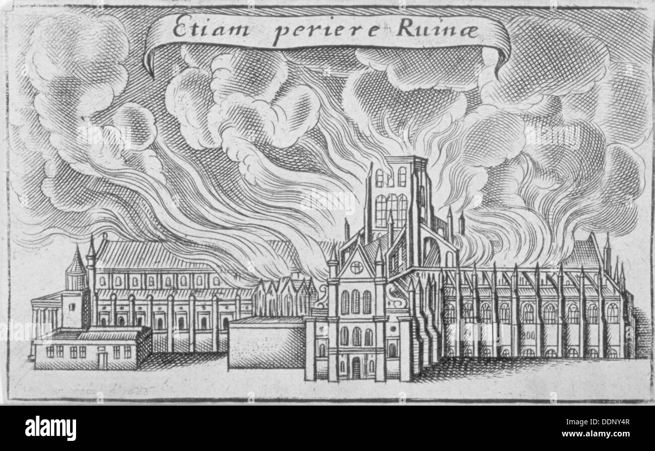 Old St Paul's Cathedral burning in the Great Fire of London, 1666. Artist: Wenceslaus Hollar Stock Photo