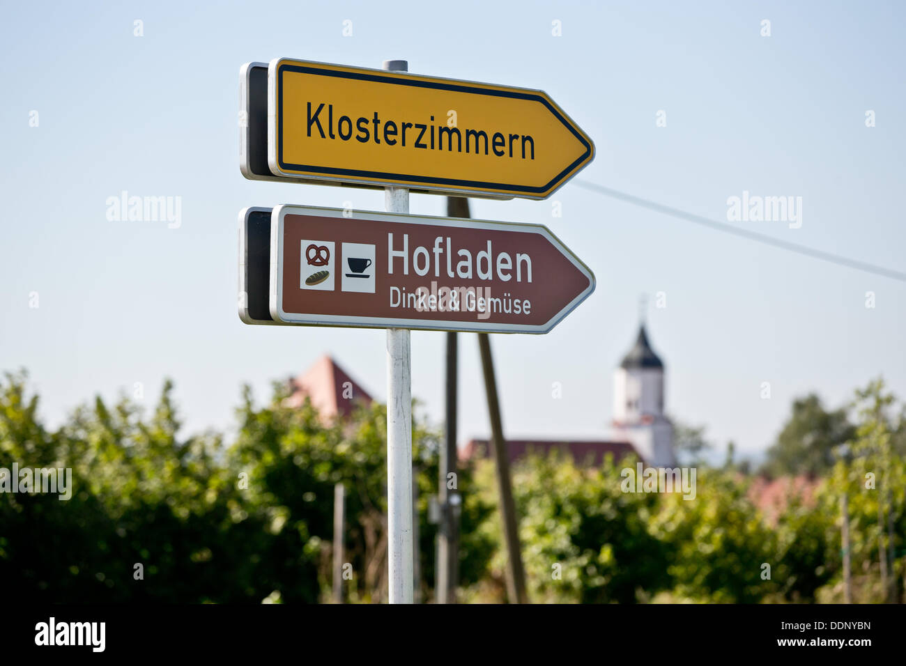 View of a place-name sign of Klosterzimmern near Deiningen, Germany, 05 September 2013. The village is home to the religious community 'Zwoelf Staemme' ('Twelve Tribes'). The police retrieved almost 30 children from the controversial religious community. Photo: DANIEL KARMANN Stock Photo
