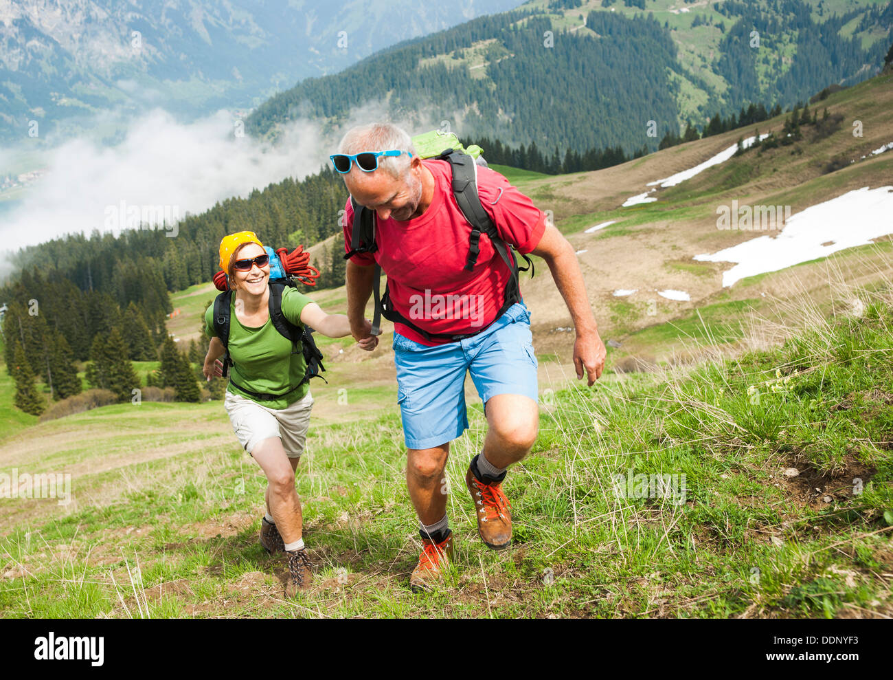 Couple hiking, Neunerkoepfle, Allgaeu Alps, Tannheim Valley, Tyrol, Austria, Europe Stock Photo