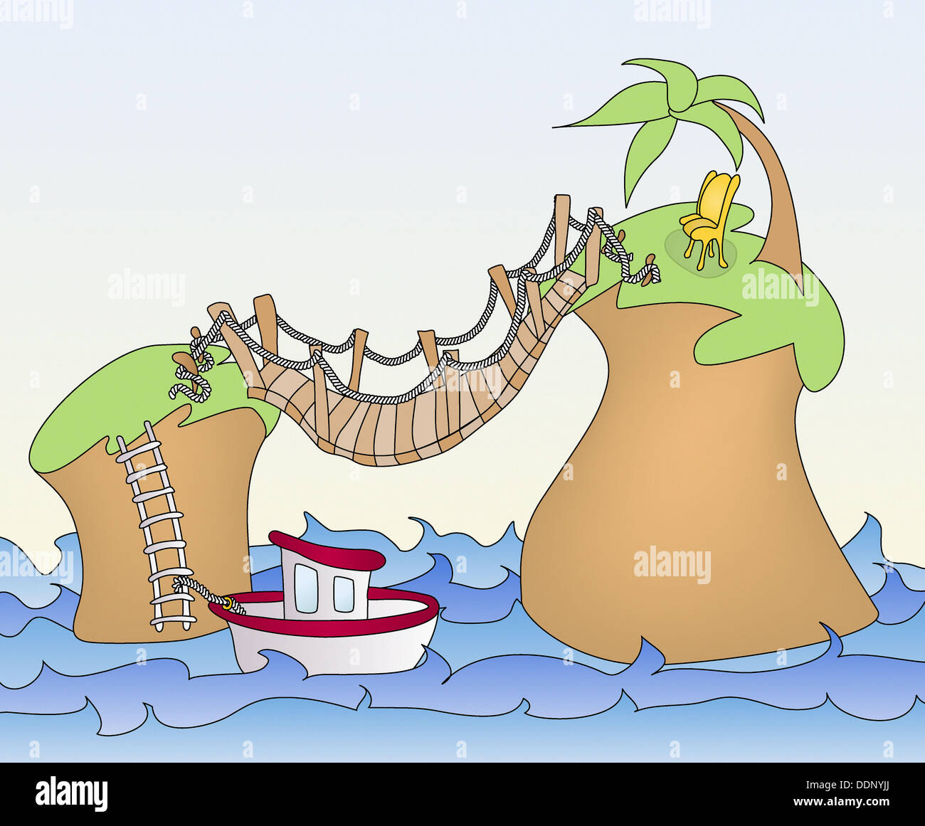 Isolated islands connected by rope bridge Stock Photo Alamy