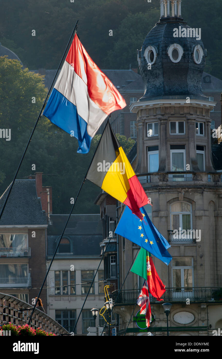 Belgian and dutch flag and europian flag, Dinant, Belgium, Europe Stock Photo