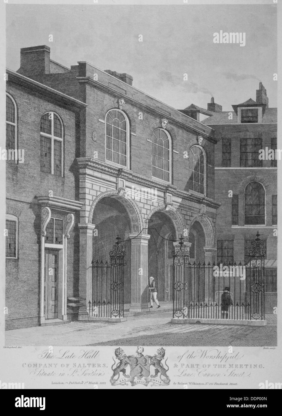 Salters' Hall and part of the Salters' Hall Chapel for Protestant Dissenters, City of London, 1822. Artist: Thomas Dale Stock Photo