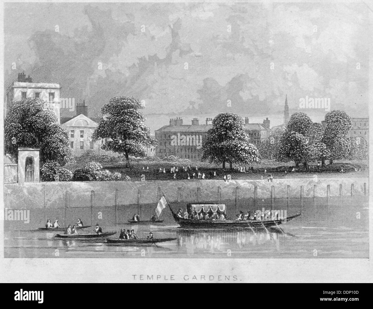 View of Temple Gardens from the Thames with boats on the river, City of London, c1850.               Artist: Anon Stock Photo