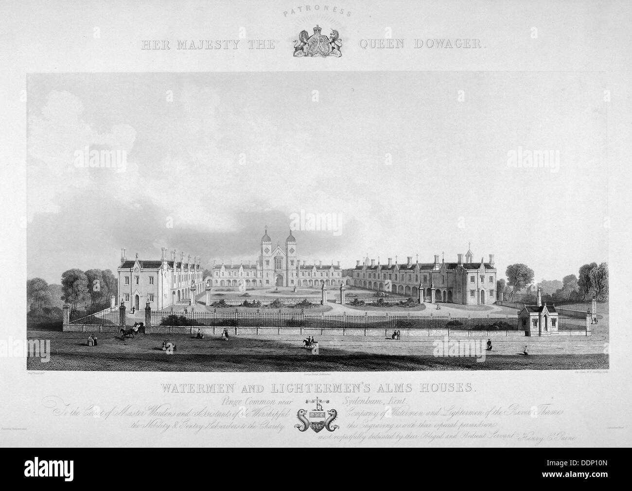 View of the Watermen and Lightermen's Almshouses in Penge, Kent, 1842. Artist: WF Starling Stock Photo