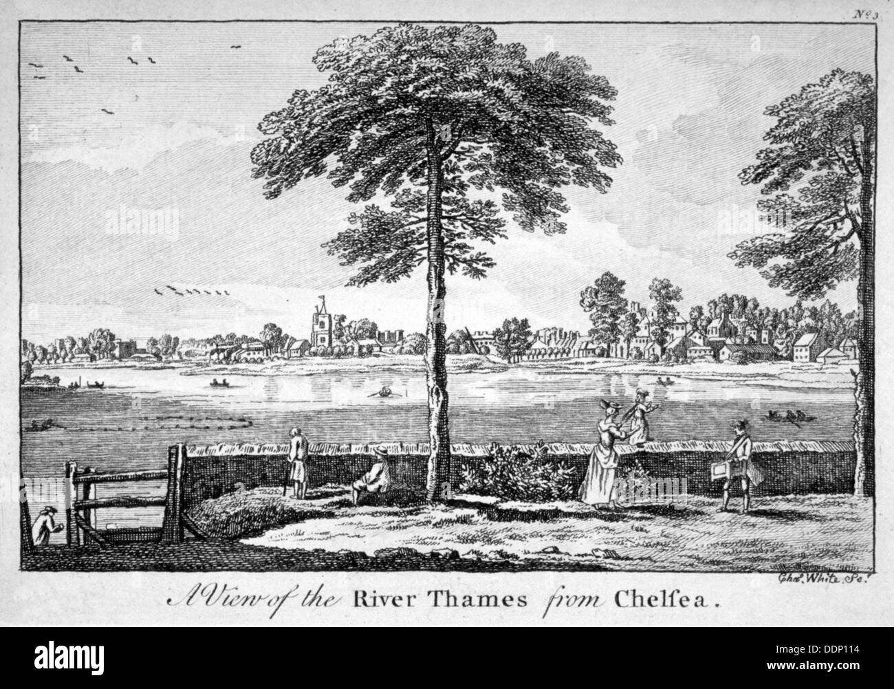 View of the River Thames from Chelsea, London, 1750.                                                 Artist: Charles White Stock Photo