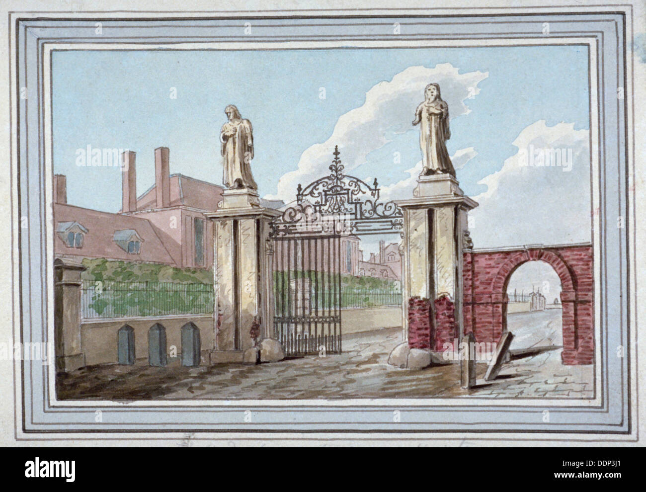 Entrance to the Haberdashers' Almshouses in Pitfield Street, Shoreditch, London, c1830. Artist: G Yates Stock Photo