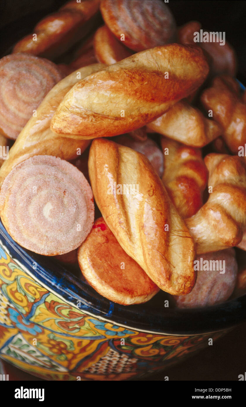 Bread rolls made from glazed pottery. Mexican artifacts. San Miguel de