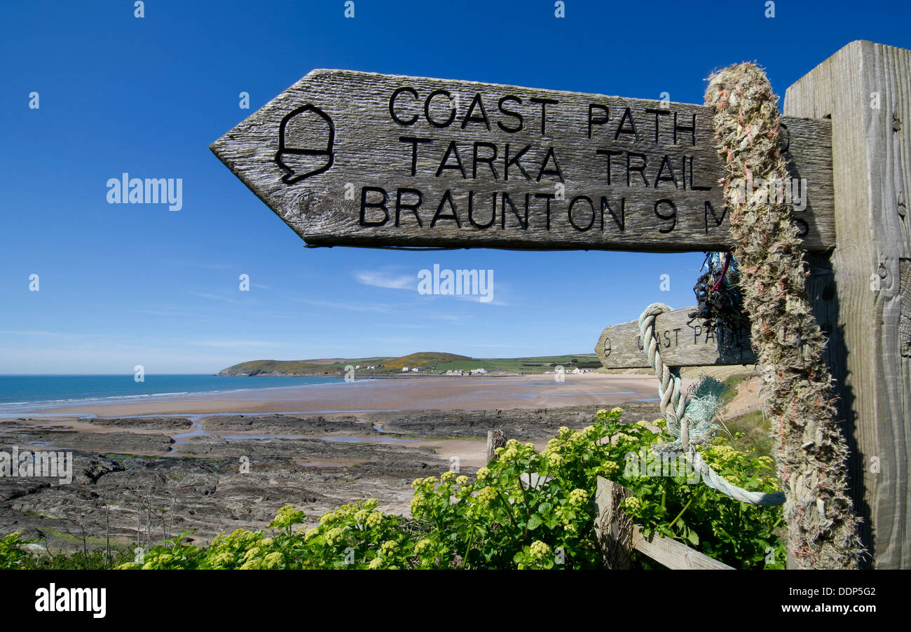 Tarka trail coastpath sign at Croyde bay on the north Devon coast Stock Photo