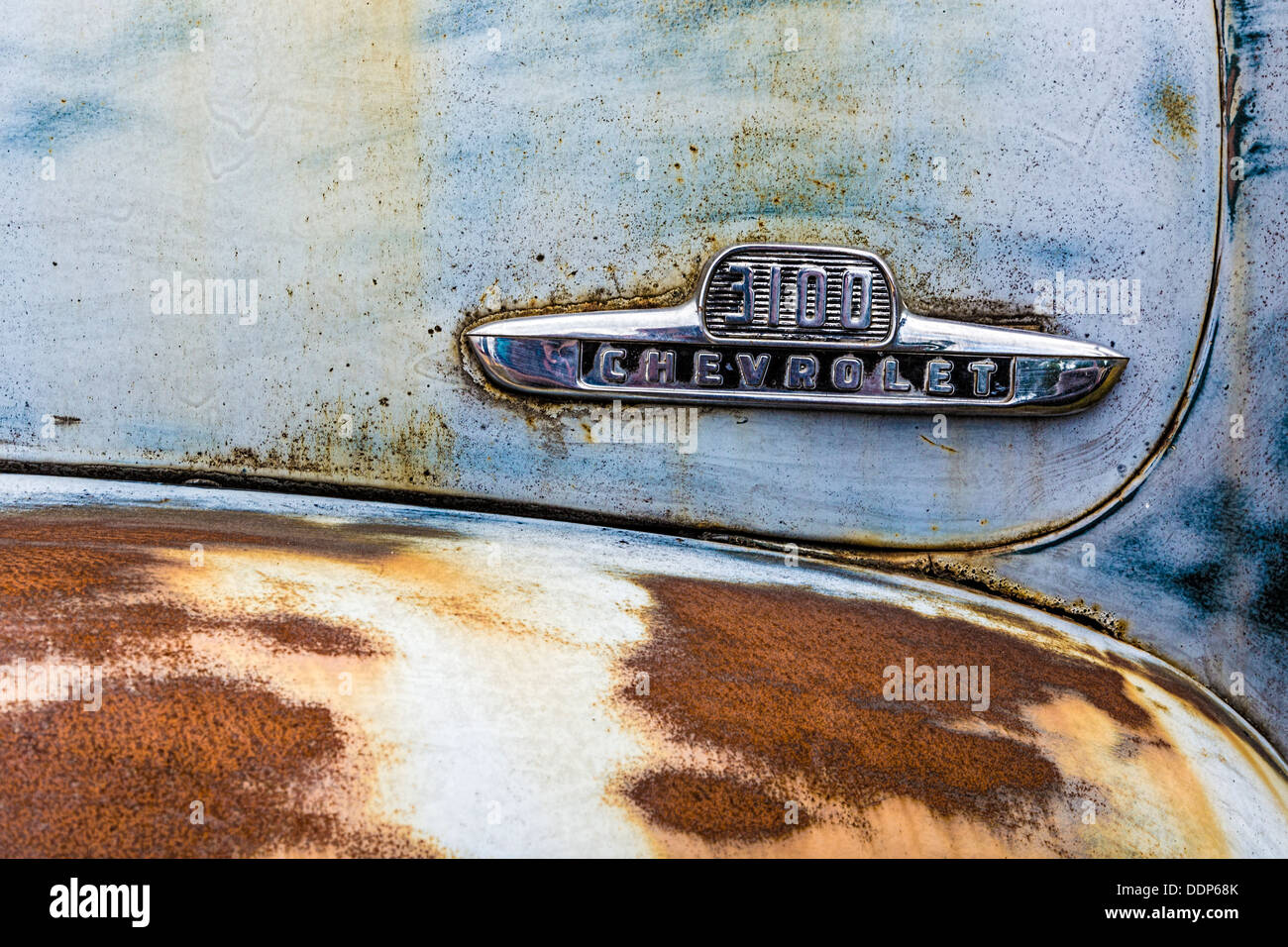 Paint and corrosion detail on a 1954 Chevrolet 3100 pick-up, at the Goodwood Festival of Speed, Sussex, UK. Stock Photo