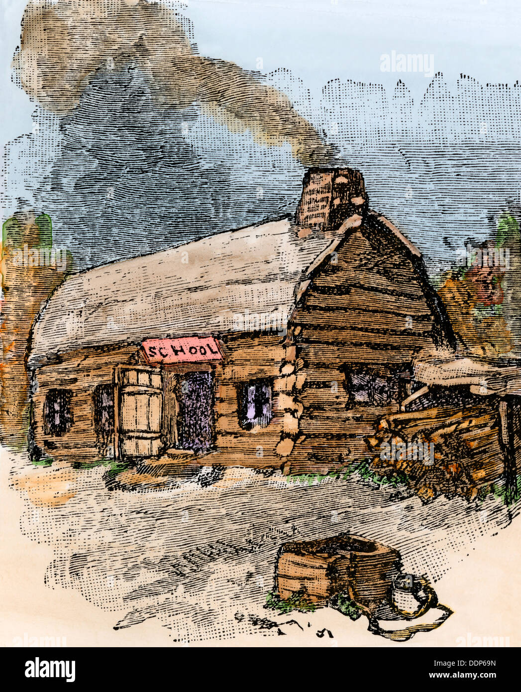 One-room log schoolhouse with its own well and woodpile. Hand-colored woodcut Stock Photo