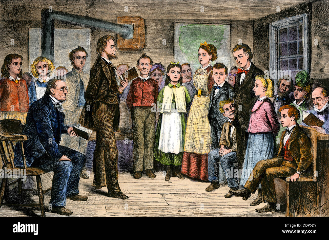 Teacher giving an examination in a one-room schoolhouse, 1800s. Hand-colored woodcut Stock Photo