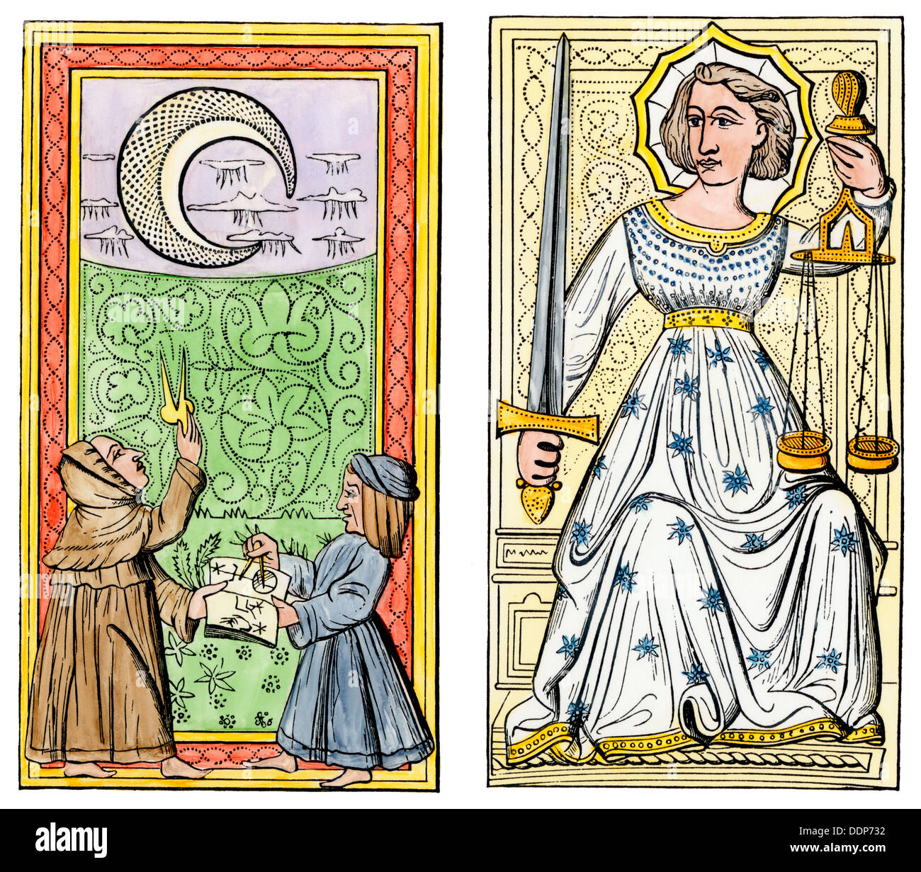 Playing-cards of the Moon (left) and Justice (right) from the court of Charles VI, France, circa 1400. Hand-colored woodcut Stock Photo