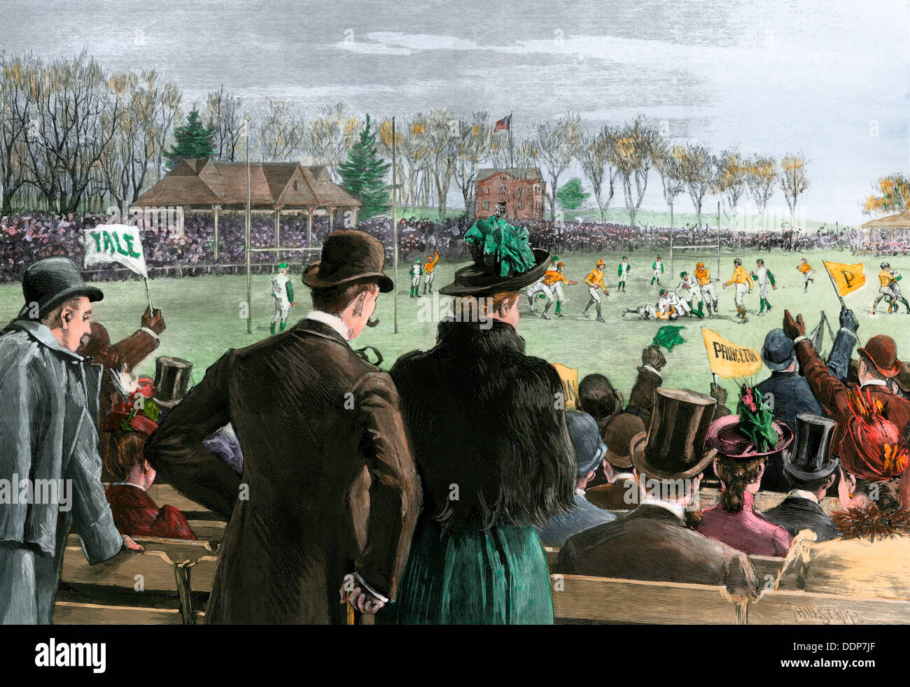 Princeton-Yale football match, 1889. Hand-colored woodcut of a Thulstrup illustration Stock Photo