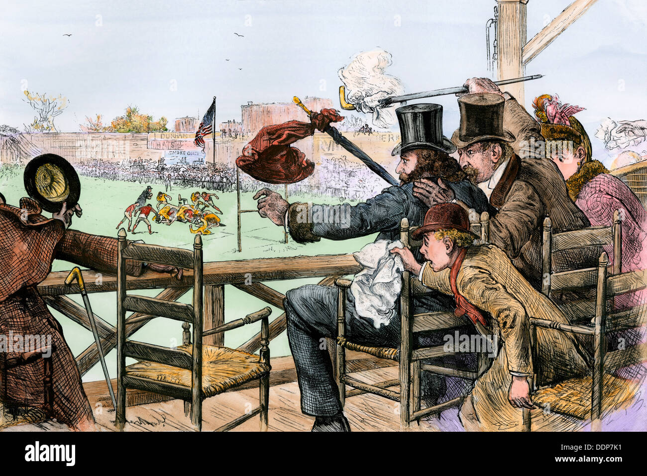 Audience enjoying a college football game, 1880s. Hand-colored woodcut Stock Photo