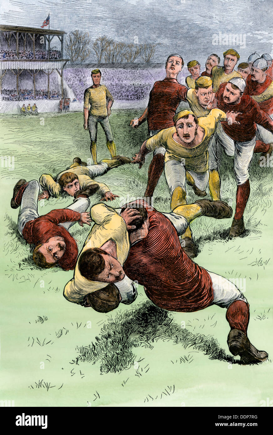 Football player 'collared,' 1880s. Hand-colored woodcut Stock Photo
