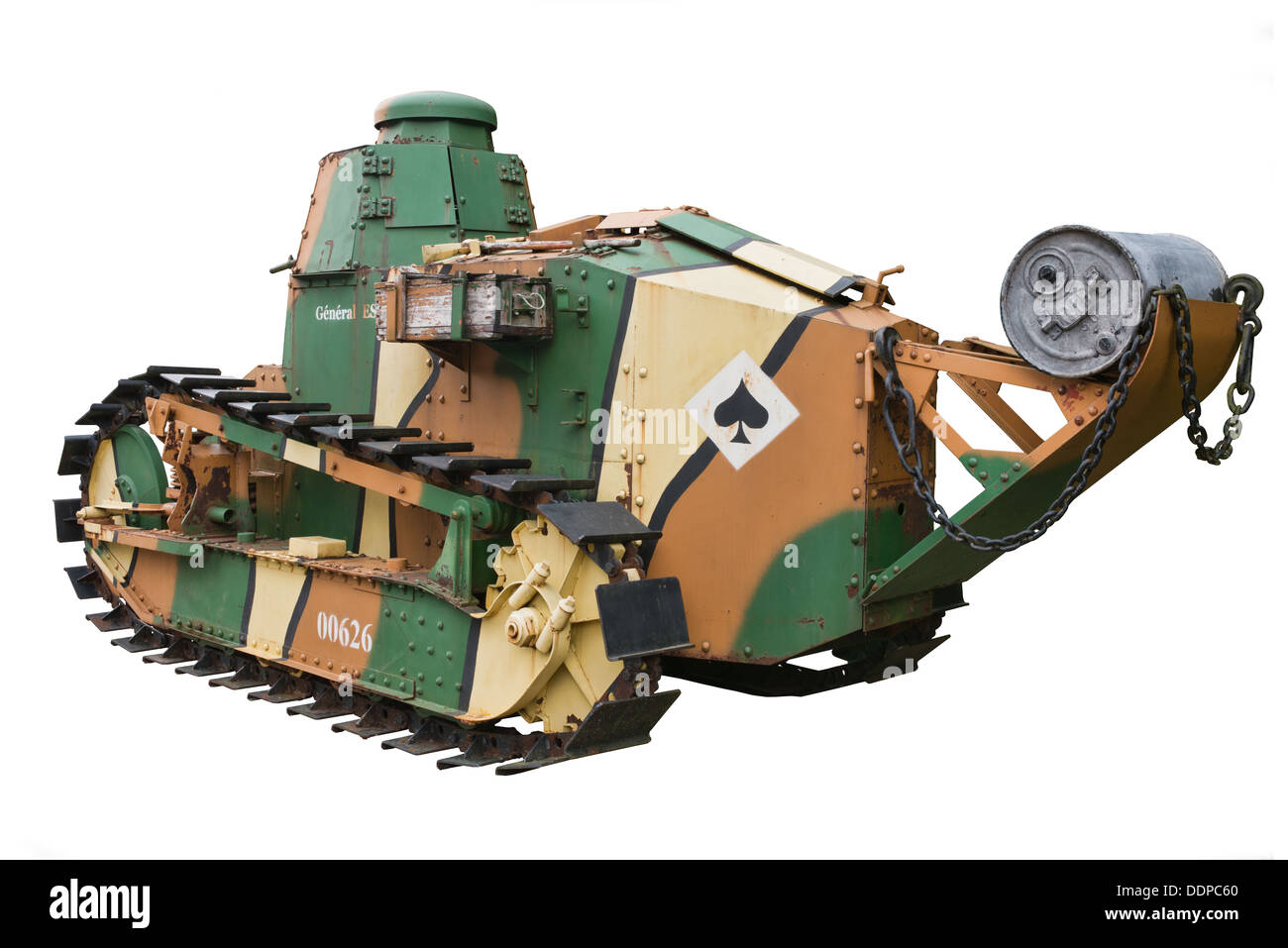 A cut out of a rear quarter view of a French, Renault FT 17 WW1 camouflaged tank Stock Photo