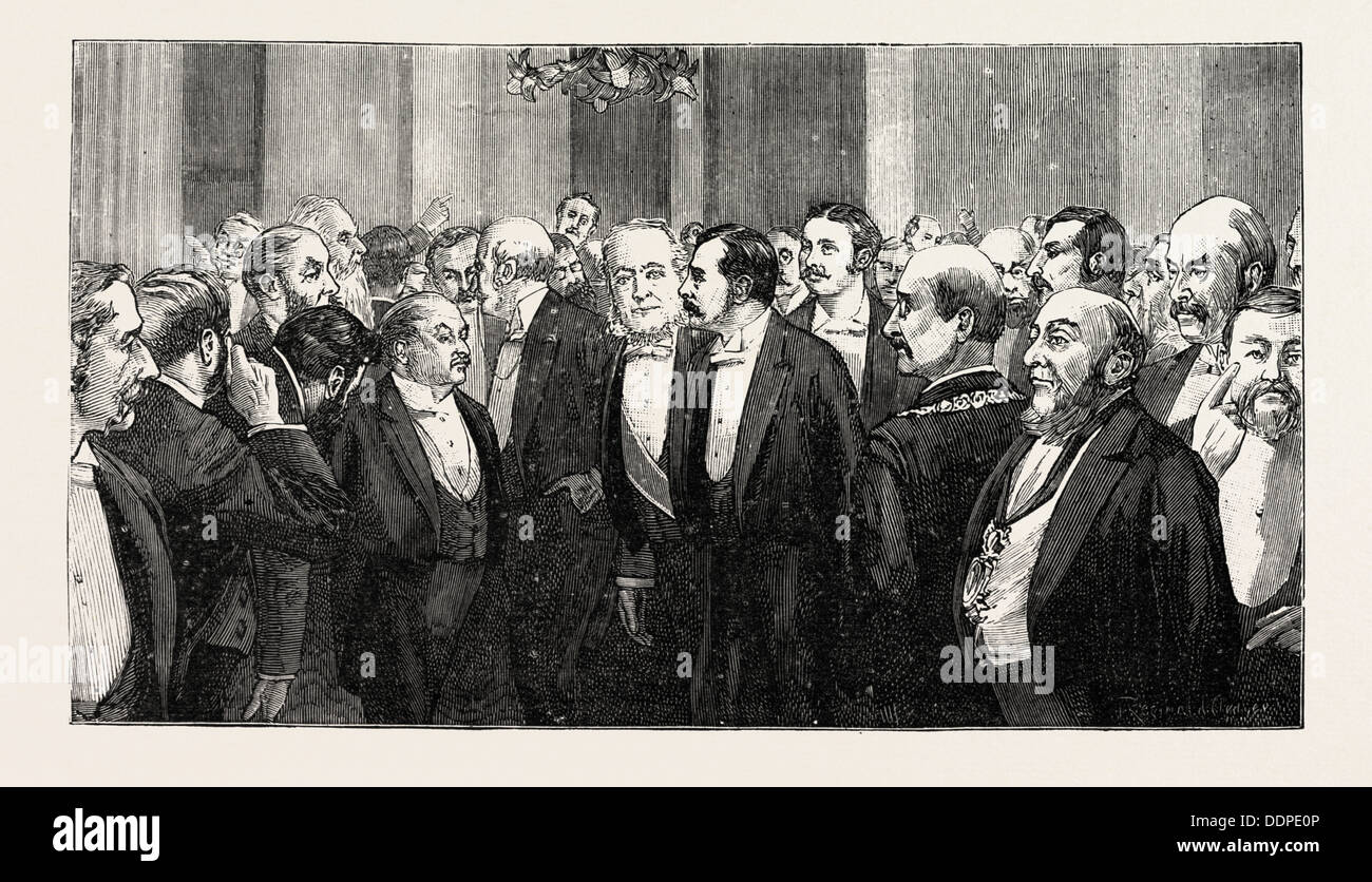 KENT COUNTY BANQUET TO LORD HARRIS, ASSEMBLING OF THE GUESTS BEFORE DINNER, engraving 1890, UK, U.K., Britain, British, Europe Stock Photo