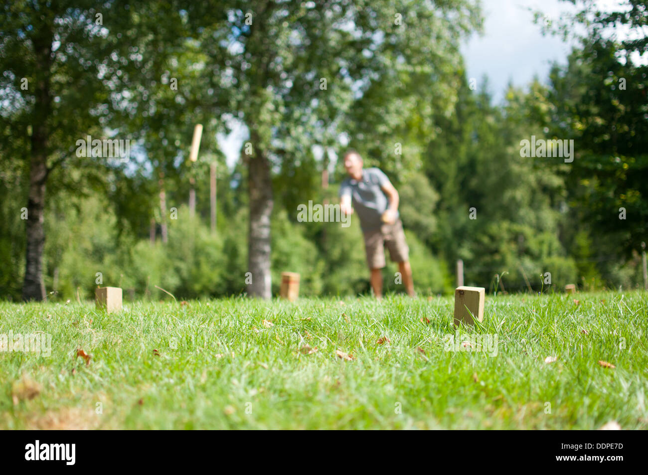 A man plays a Swedish Viking game called Kubb Stock Photo Alamy