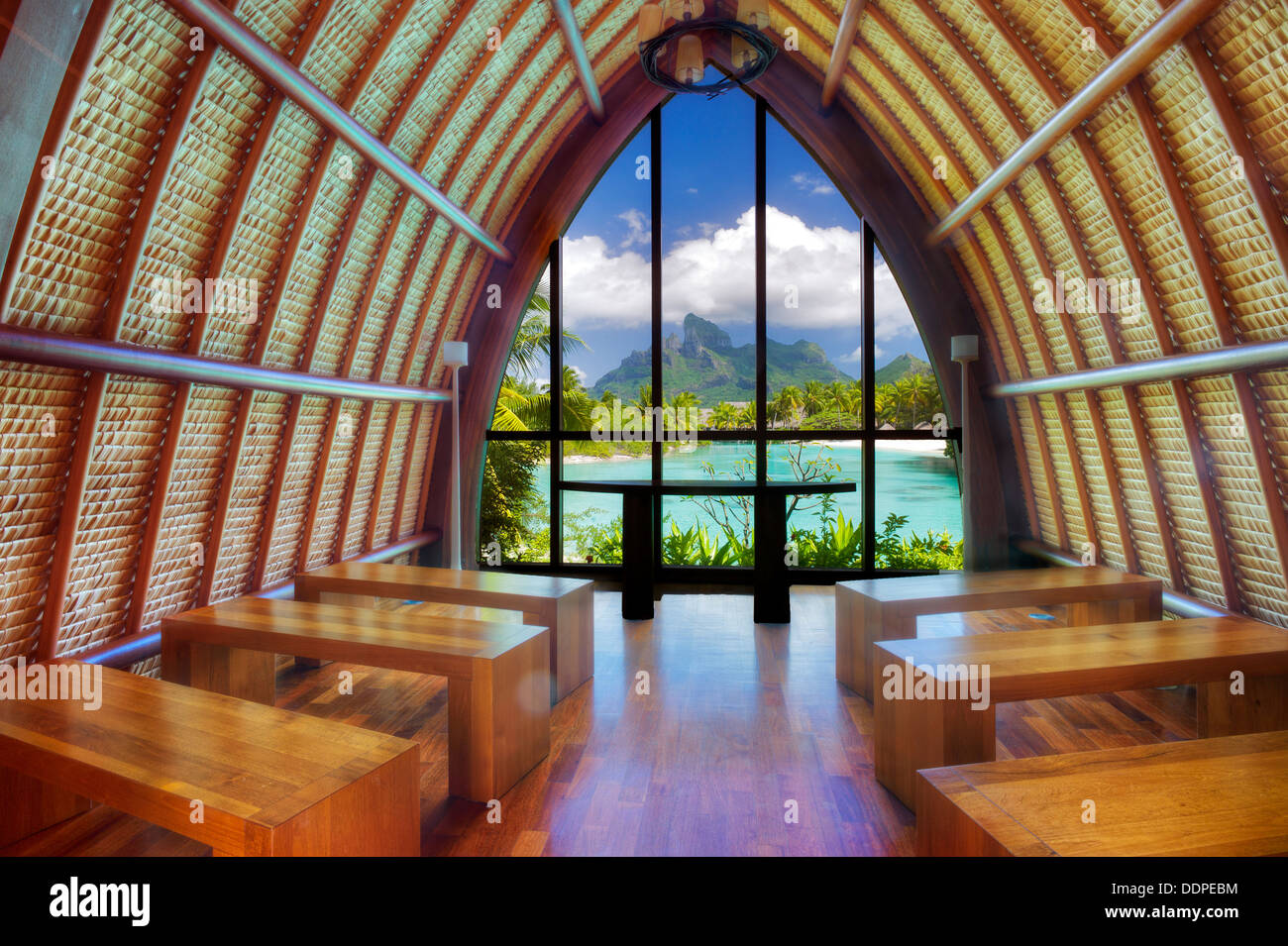 Four Seasons Chapel framing Mt Otemanu. Bora Bora. French Polynesia Stock Photo