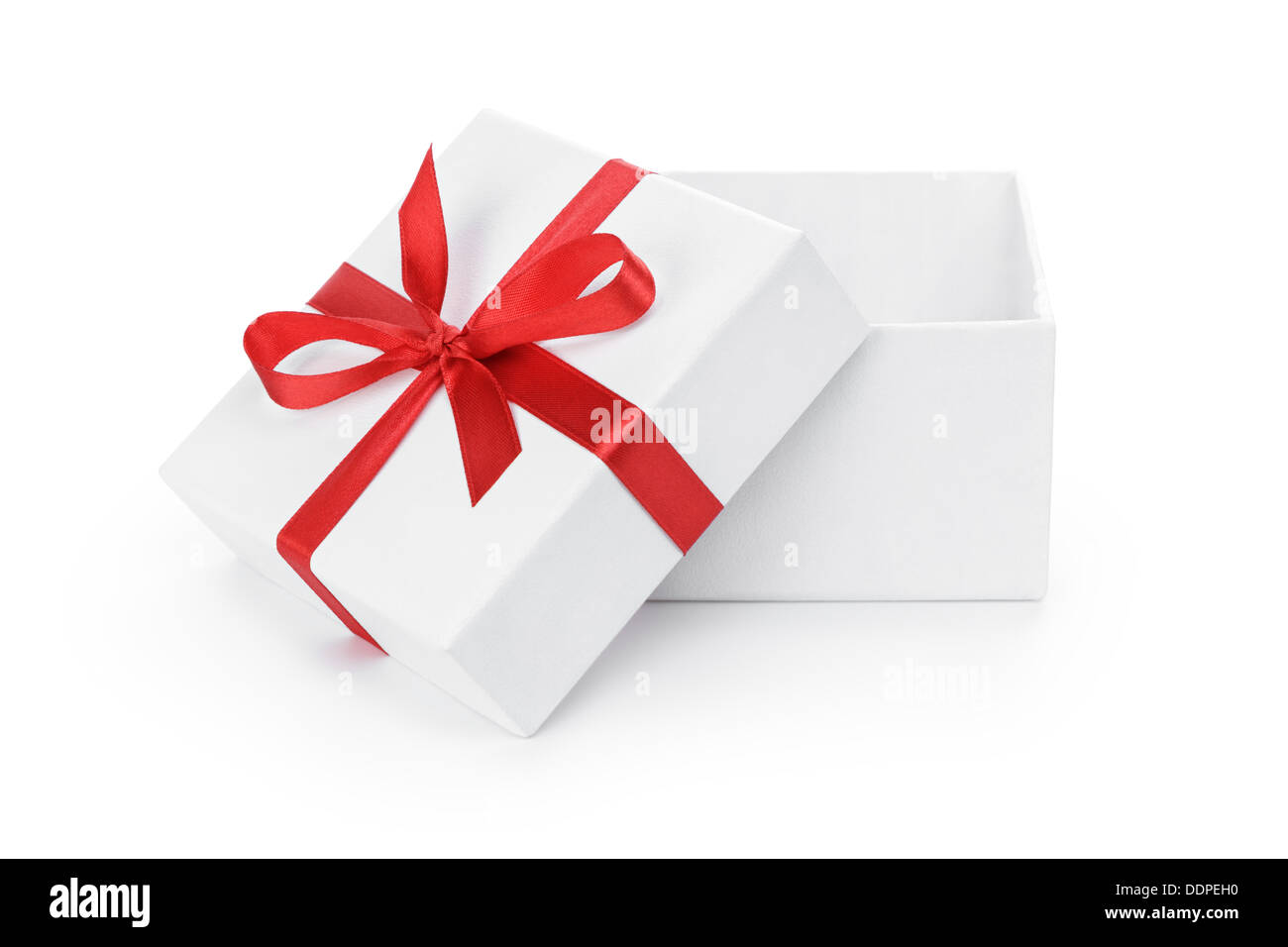 open white textured gift box with red ribbon bow, isolated on white ...