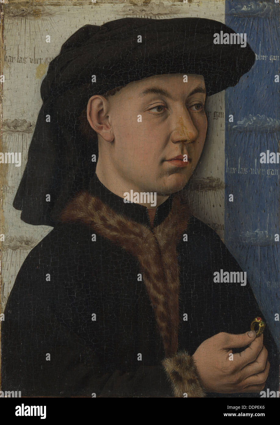 A Young Man holding a Ring, c. 1450. Artist: Eyck, Jan van, (School) Stock Photo