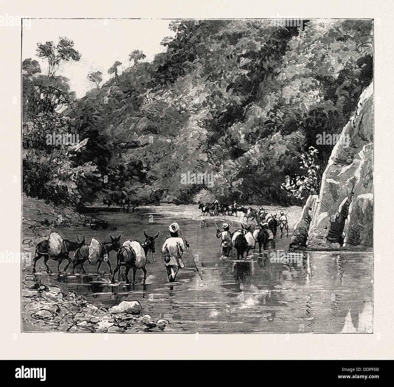 THE CHIN LUSHAI EXPEDITIONARY FORCE, A MULE CONVOY CROSSING THE LOUNG GUT CHOUNG STREAM, engraving 1890 Stock Photo