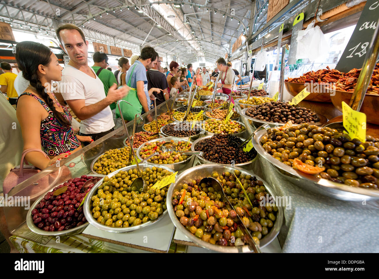selection olives for sale in a traditional Provencale food market in the centre of Antibes, Cote d’Azur, France Stock Photo