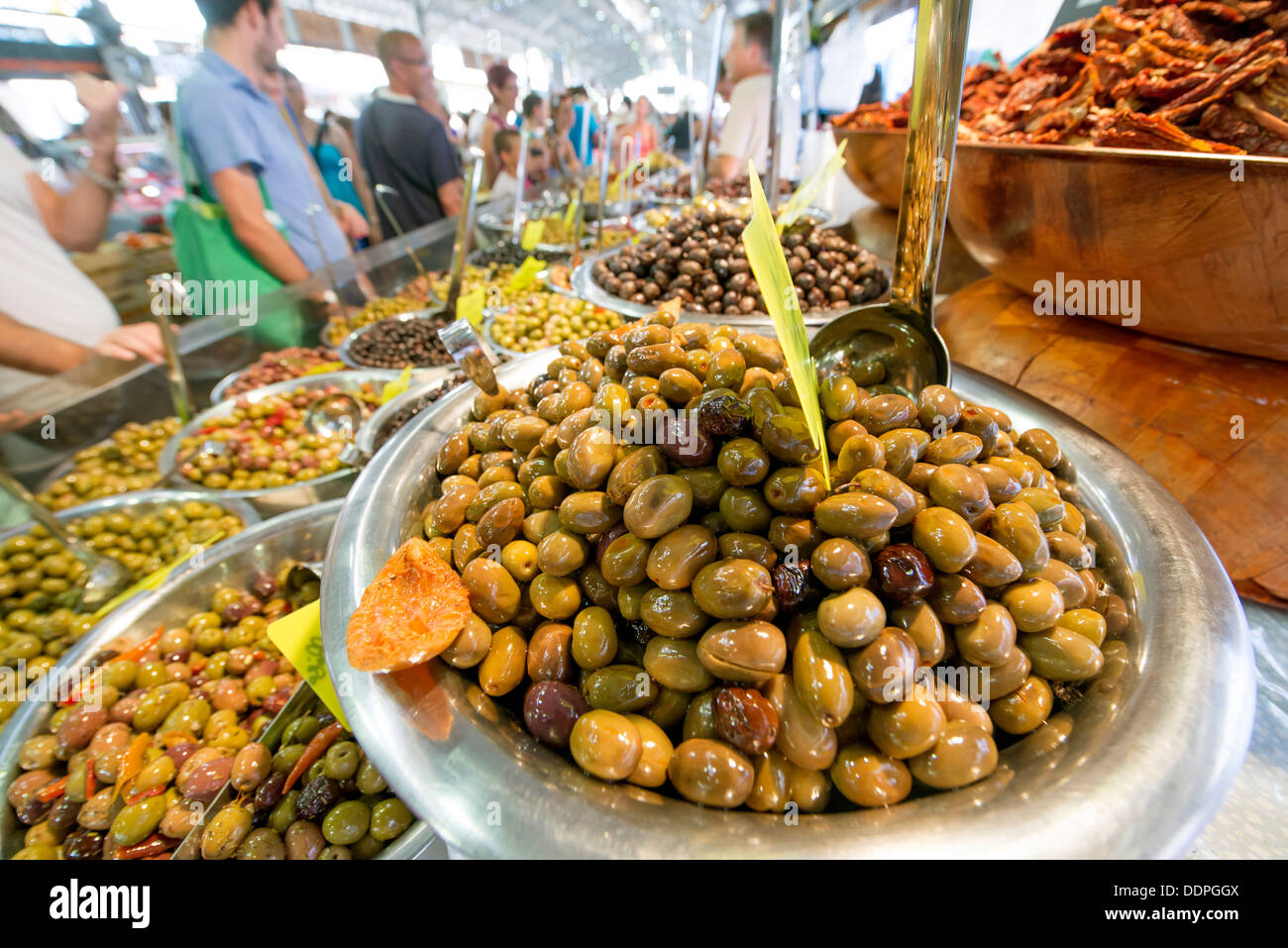 selection olives for sale in a traditional Provencale food market in the centre of Antibes, Cote d’Azur, France Stock Photo