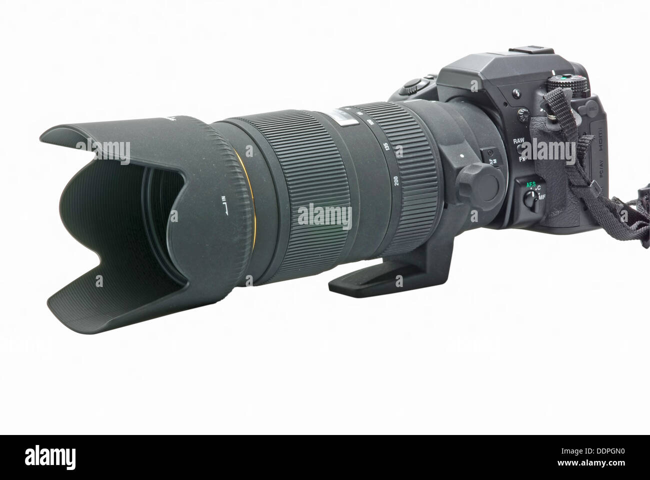 Modern DSLR camera with zoom lens attached on white Stock Photo Alamy