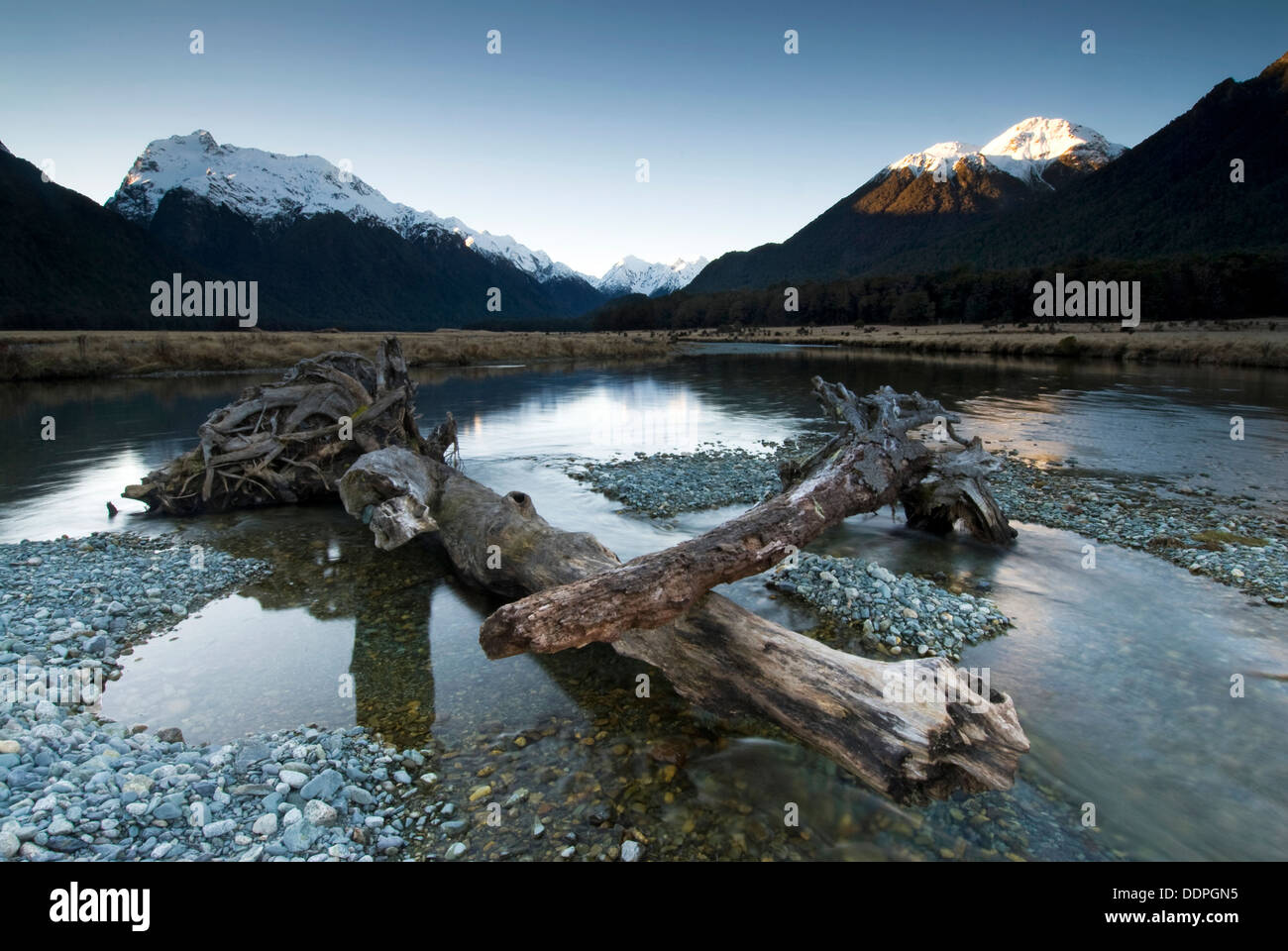 River flowing through the Eglinton Valley, Fiordland National Park, South Island, New Zealand Stock Photo