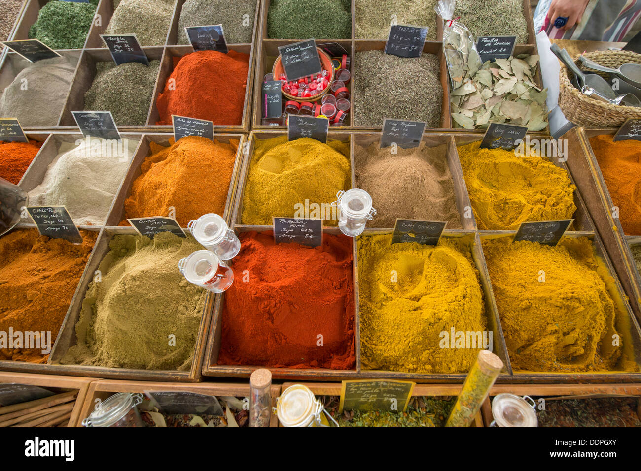 herbs and spices for sale in a traditional Provencale food market in the centre of Antibes, Cote