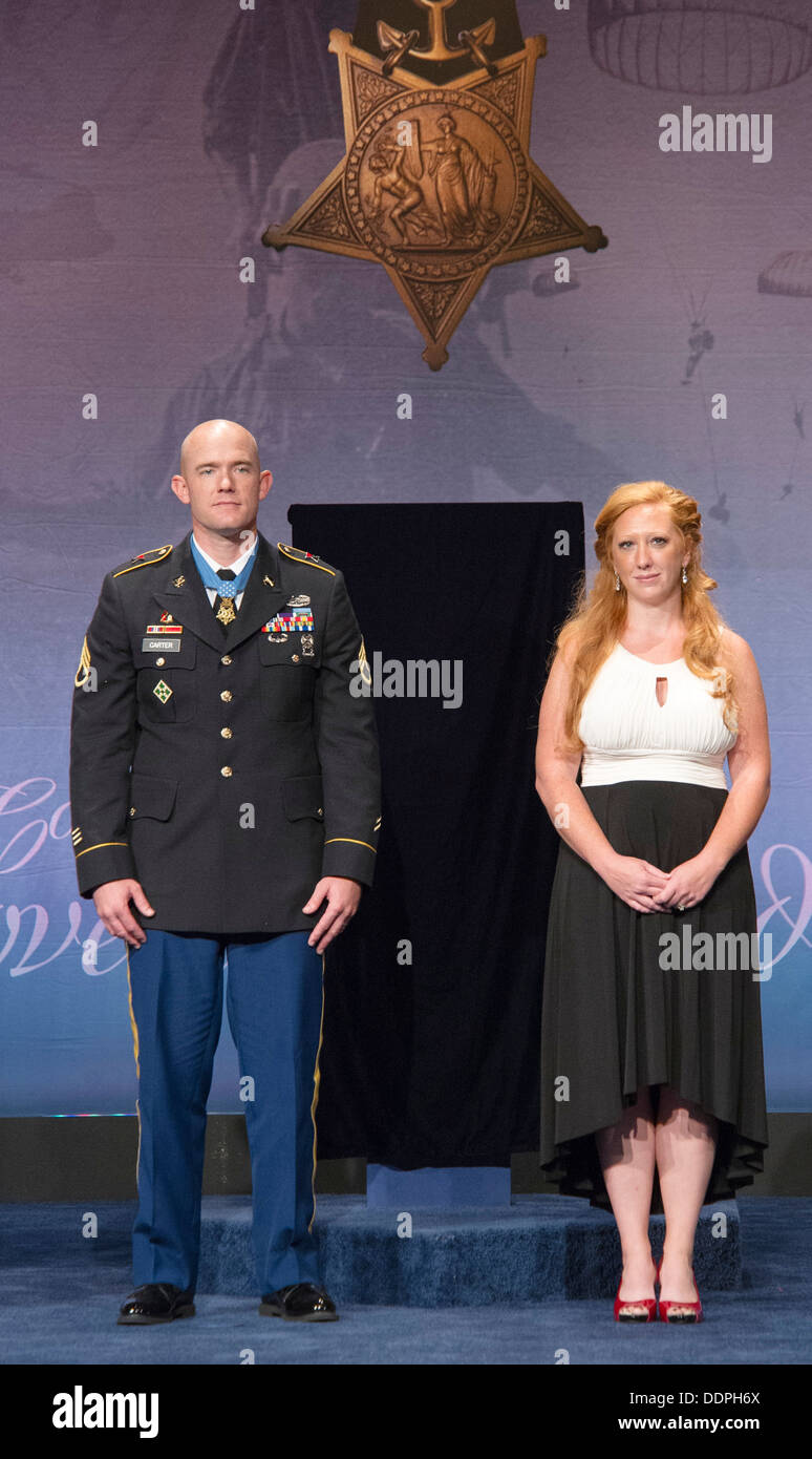 Pictured is the Medal of Honor Hall of Heroes Induction Ceremony in honor of U.S. Army Staff Sgt. Ty Michael Carter, in the Pentagon Auditorium, Aug. 27, 2013. Stock Photo