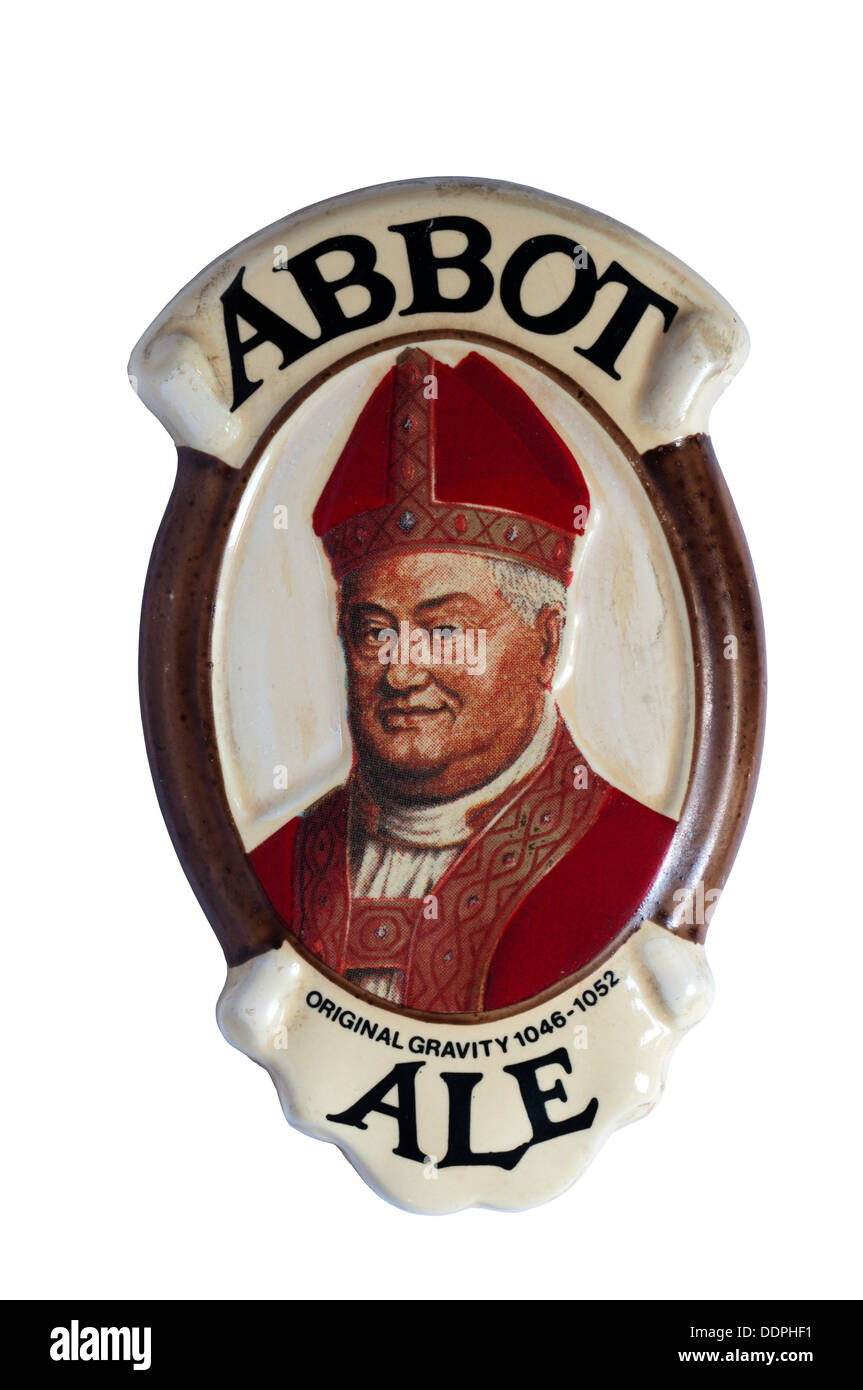 A beer pump clip for Greene King Abbot Ale. Stock Photo