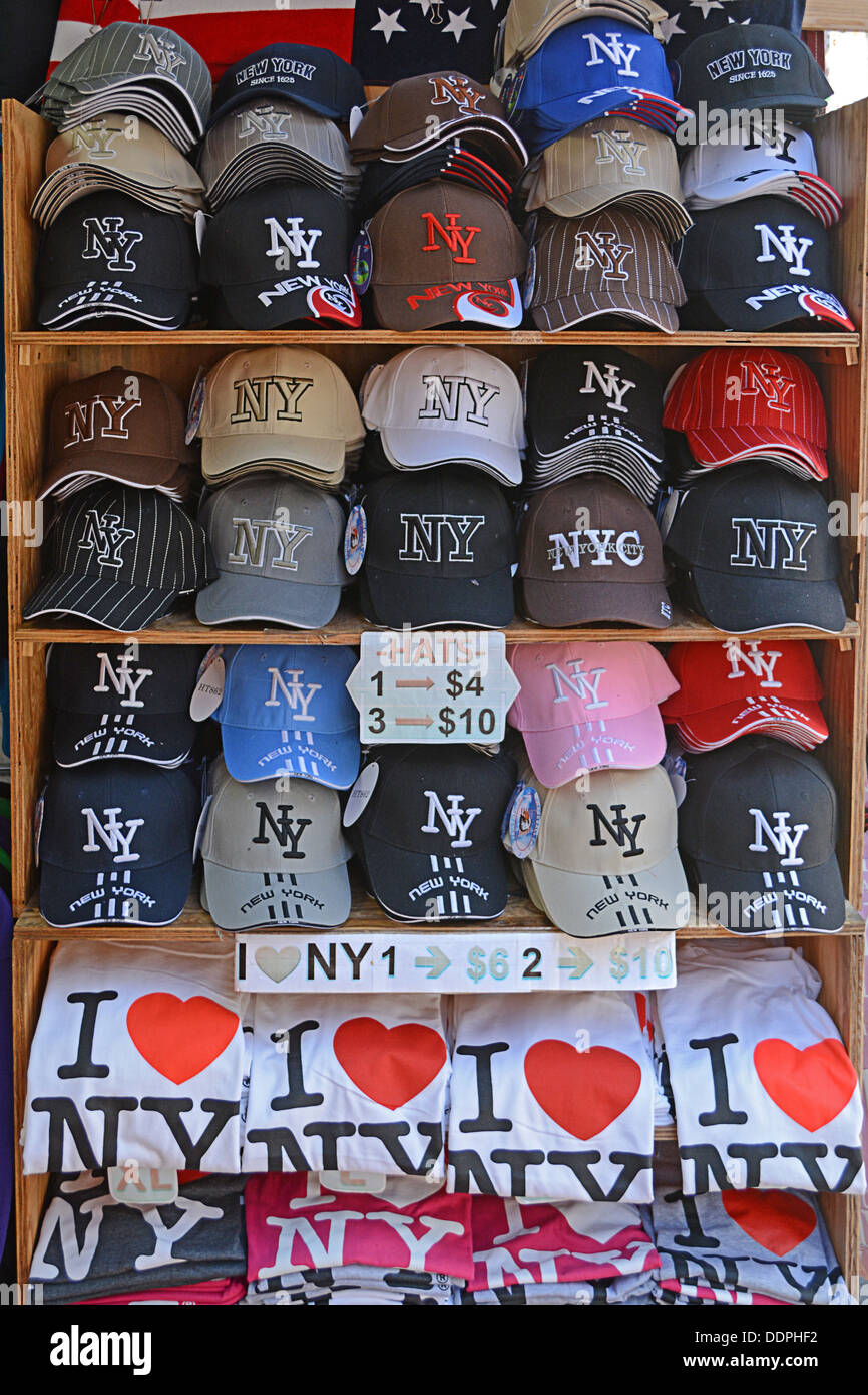 New York City hats and tee shirts for sale to tourists in the Little Italy  section of lower Manhattan in New York City Stock Photo - Alamy