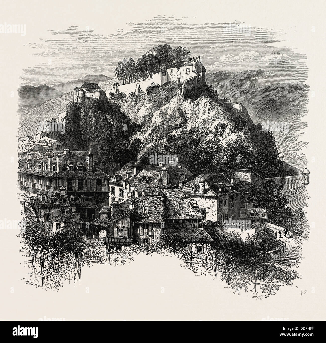 THE CASTLE OF LOURDES, THE PYRENEES, FRANCE, 19th century engraving ...