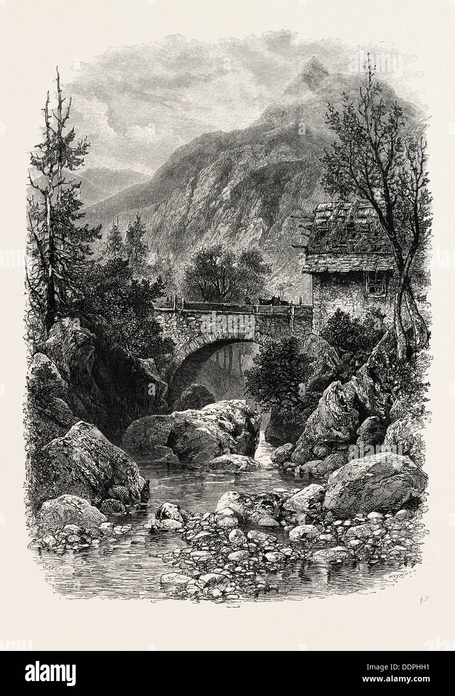 BRIDGE BELOW GAVARNIE, THE PYRENEES, FRANCE, 19th century engraving ...