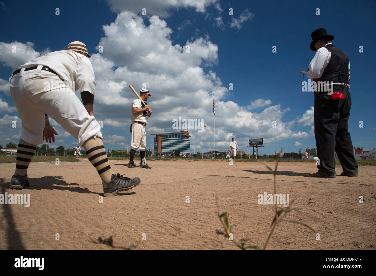 Detroit, Michigan - A vintage base ball game between the Wyandotte Stars and the Saginaw Old Golds, using rules from the 1860's. Stock Photo