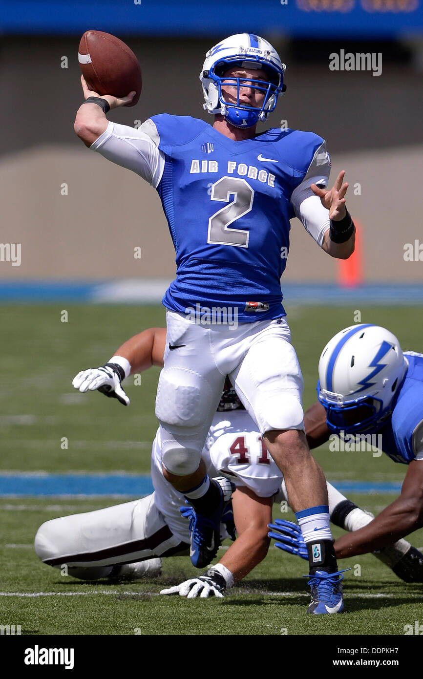 Quarterback Kale Pearson, a junior, throws for the end zone as the U.S. Air  Force Academy met the Colgate Raiders at Falcon Stadium in Colorado  Springs, Colo. Aug 31, 2013. The Falcons