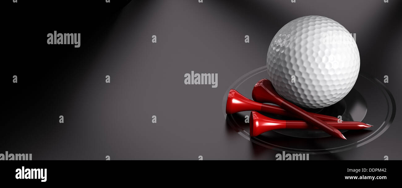 Golf ball and red tee over black background with copy space on the left