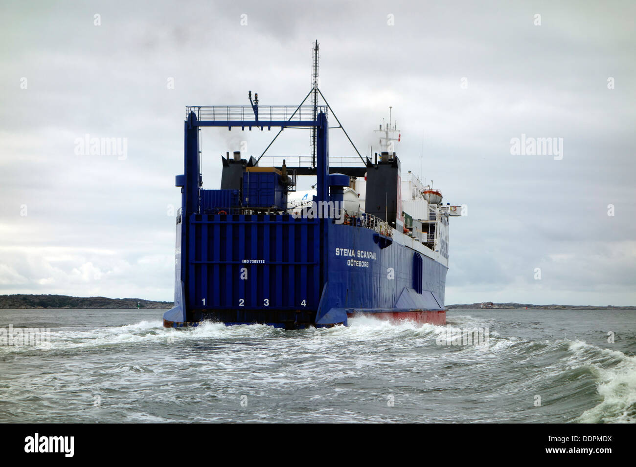 Ship sailing away. RoRo liner Stena Scanrail leaving Gothenbur on the way to Denmark. Stock Photo