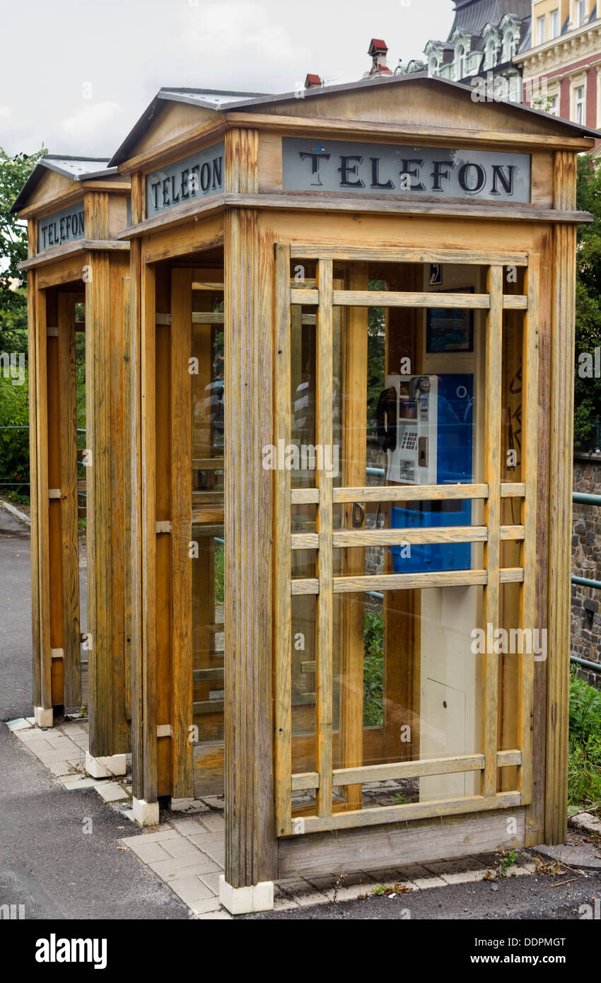 outdoor wooden phone booth Karlovy Vary Stock Photo