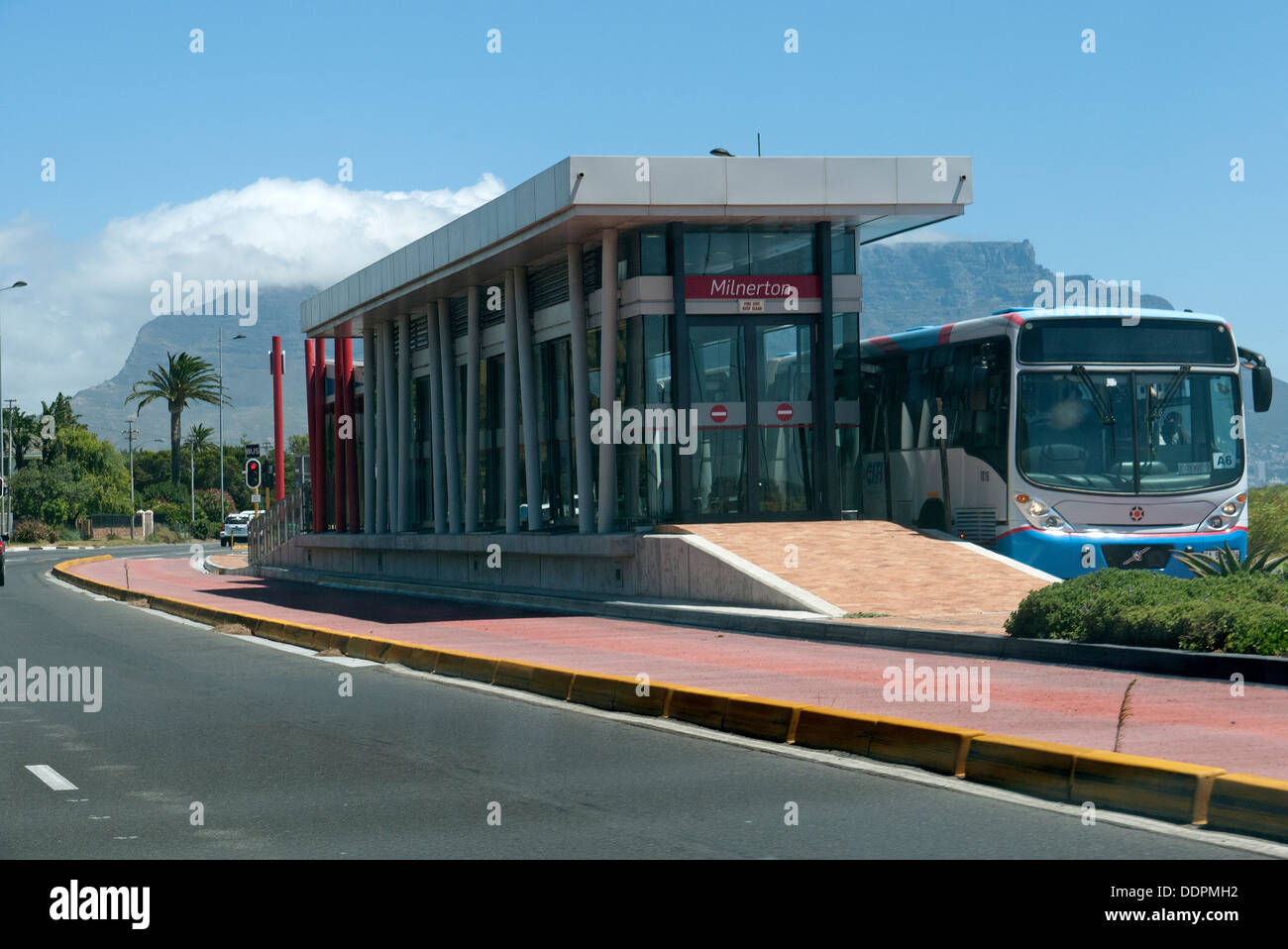 Cape Town bus stop at Milnerton South Africa. Bus station boarding area in middle of road Stock Photo