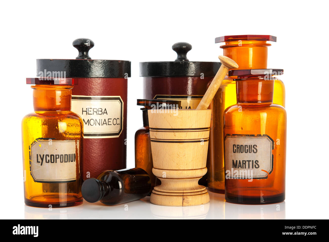 Medciation Pot apothecary pots with ingredients for medicins isolated over white ...