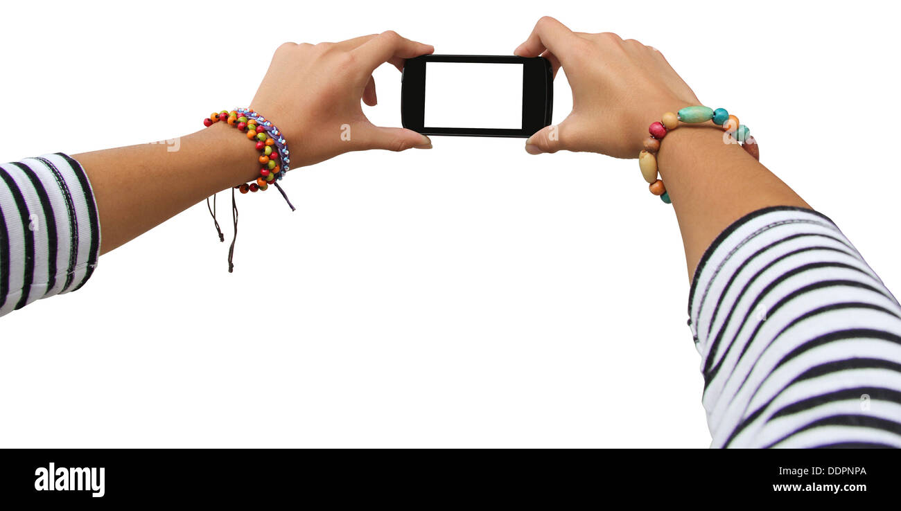 Taking photo on mobile device, isolated on white background Stock Photo