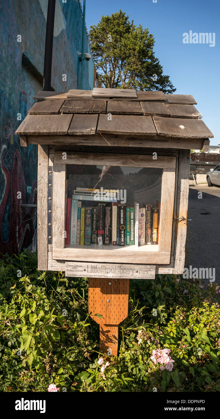 wood cabinet with glass door mounted on post outdoors holds tasteful selection of books available at Little Free Library Edmonds Stock Photo