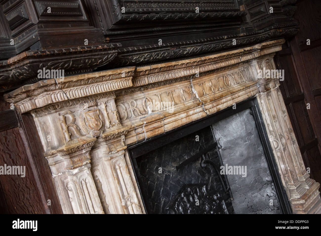 The grand Alabaster fireplace in the Oak Room in the Gatehouse at Kenilworth Castle Stock Photo