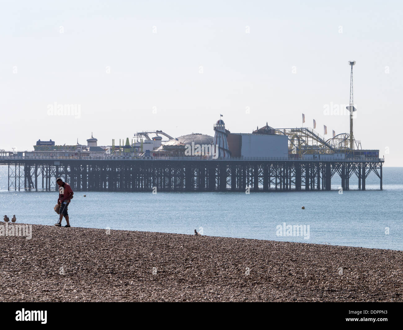 Man walking on Brighton Beach with a metal detector, with Palace Pier in background Stock Photo